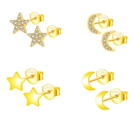 Epoch World 4 Pairs 925 Sterling Silver Earrings Gold Star Moon Stud Earrings Hypoallergenic Cubic Zirconia Tiny Sleeper Gold Studs For Women Girls with Gifts Box