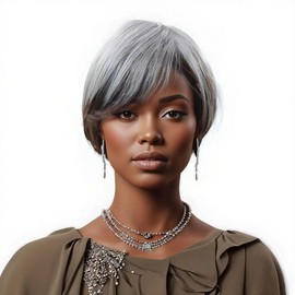 BOBCOO Short pixie Wigs for Black Women,Grayish Brown Ombre Layered Bob Wig with Side Bangs,Natural Short Straight Bob Wig for Black Women (Grayish Brown Ombre)