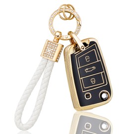 BLINGOOSE Key Case for VW Volkswagen Polo Tiguan Golf 7 MK7 Touran T ROC Cross Taigo 3 Buttons Car Key Cover Key Case Accessories Glitter Keychain Black Gold TPU