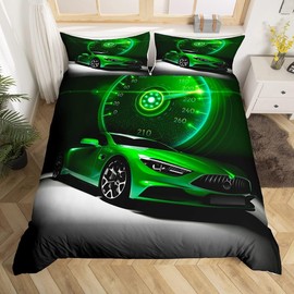 Homewish Green Race Car Boys Bedding Kids Single Duvet Cover Set Cool Sports Car Bedding Set, Extreme Sport Quilt Cover for Teens Adults, Speedometer Automobile Bedding & Linen