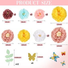 Dilunave 30 Pieces Tissue Paper Flowers for Classroom Decoration Pom Poms Blooms with Butterfly Eucalyptus Leaves Baby Shower Nursery Birthday Tea Party Backdrop Wall Decoration(Morandi)