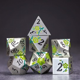 Sage's Portal Petrified Flowers Metal DND Dice 7 Piece Polyhedral Dice Set for DND TTRPG Dungeons and Dragons Pathfinder (Silver/Green)