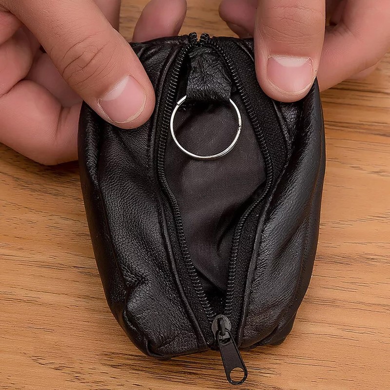 SystemsEleven Mens Ladies Black Real Leather Coin Pouch Wallet Zipper