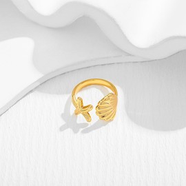 LILIE&WHITE Gold Shell and Starfish Ring, Adjustable Size, Non-Tarnish, Hypoallergenic, Unique Beach-Inspired Jewelry, Gift for Women