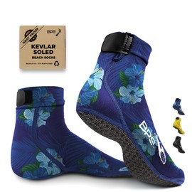 BPS New Zealand ‘Piha’ Beach Volleyball Socks Sand Soccer Socks SandProof Beach Booties with Flexible Kevlar Sole, Hibiscus Blue With Rubber Grip Soles, Large