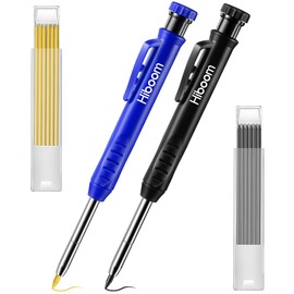 Hiboom 2 Pack Solid Carpenter Pencil with 14 Refill, Long Nosed Deep Hole Mechanical Pencil Marker with Built-in Sharpener for Carpenter Woodworking Architect Fathers Day Gift (Black, Blue)
