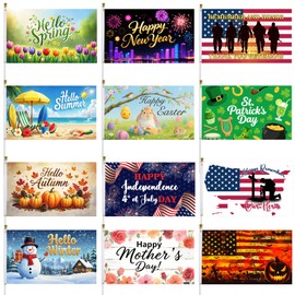 12 Pcs Seasonal Flags 3x5 ft Double-Sided Outdoor Yard Flags with 2 Brass Grommets Each, Includes Spring, Summer, Fall, Winter & Major Holiday Flags for Year-Round Garden and Yard Decor