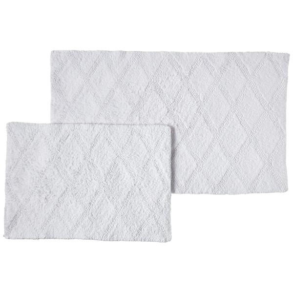 Vera Wang | Tufted Diamond Collection | Soft and Absorbent, Plush Reversible Bath Rug Set, Modern Designer Style for Bathroom Décor, 2-Piece, White,USHS6D1117231