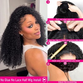 Glueless Wigs Human Hair Half Wig Upgrade 3 IN 1 Half Wig With Drawstring Seamless Clip Ins Flip Over Kinky Curly Human Hair For Women No Glue No Lace Wig Headband Wig Beginner Friendly 26 Inch