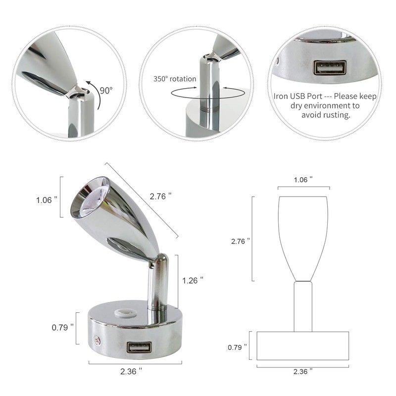 THALASSA 12V RV Spotlight USB Reading Light - Dimmable Touch
