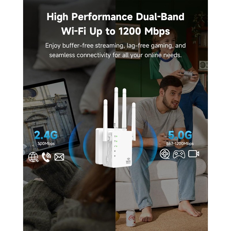 WiFi Extender Signal Booster with 4 Rotatable Antennas, Dual Band