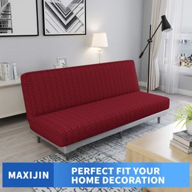 MAXIJIN Jacquard Futon Cover Stretch Armless Futon Sofa Cover Soft Futon Slipcover with Elastic Bottom Thick Sofa Bed Furniture Protector Covers, Machine Washable (Wine Red)
