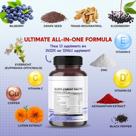PEAKPURY All-in-1 Bilberry Eyebright Astaxanthin Elderberry Resveratrol Supplement - Rich in Antioxidants & Supports Eye Health - Made in The USA -150 Capsules