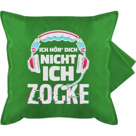 Shirtracer Cushion Cover – Decorative Cushion Hobby – Ich hörDich Nicht ich zocke Headset Glitch White Blue Pink – 50 x 50 cm – Green – Gaming hörre – Gurli Cushion Cover