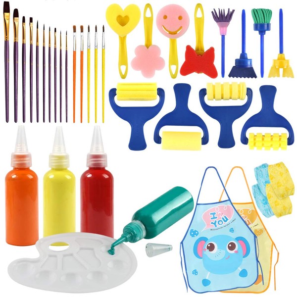 BigOtters Painting Tool Kit, 34PCS Kids Washable Paint Brushes Set Finger Paints Sponges Supply for School Prizes Art Party Gift