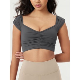 ODODOS Ruched Front Crop Tank for Women V-Neck Cut Out Back Cap Sleeve Cropped Tops, Charcoal, Small
