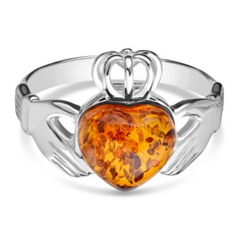 Amber Jewelry for Women - Sterling Silver Baltic Honey Amber Claddagh Ring, Gemstone Jewelry Gift, Engagement Ring, Sterling Silver Metal, Amber