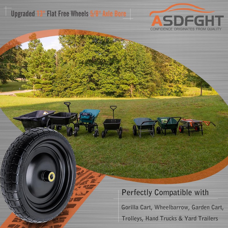 ASDFGHT 13" Flat Free Wheels for Gorilla Cart, Wheelbarrow, Garden