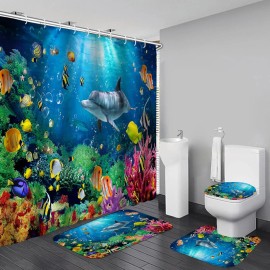 4-Piece Sunlight Sea Fish Ocean Theme Bathroom Set with Rugs Shower Curtain 12 Hooks-Machine-Washable Blackout Polyestercolor: Deep Blue, length: 71in, width: 71in
