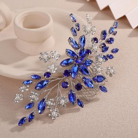 Teyglen Blue Rhinestone Wedding Hair Comb with Pearl Crystal Flower Headpiece for Women