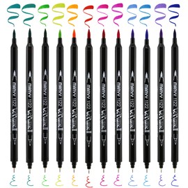 Uchida 1122-12E Le Plume II Double-Ended Markers with Brush and Fine Tips, Bright, Set of 12