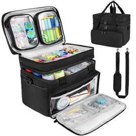 Sewing Accessories Organizer Case with Shoulder Strap,Double Layer Sewing Storage Bag with 2 Detachable Pouches for Sewing Accessories and Supplies,Large Travel Sewing Box for Sewing kit Tools,Black