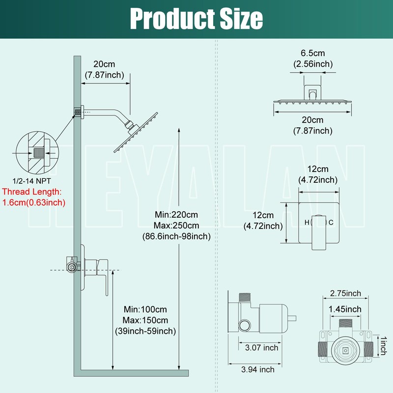 Heyalan 8 Inch Shower Head and Handle Set Square Shower