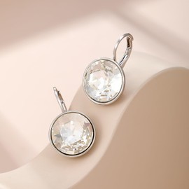 XUPING Round Crystal Leverback Earrings Sparkling Elegant Birthstone Dangle Earrings 18K Platinum Plated Delicate Jewelry Gifts for Women Girls Party （SILVER WHITE）