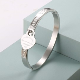 JINHUI Gold Bangles Bracelets for Women, Love Heart Dangle Charm Dainty Women’s Bangles Bracelets Hollow Out 18K Plated Engraved Stainless Steel 6.5” (Silver)