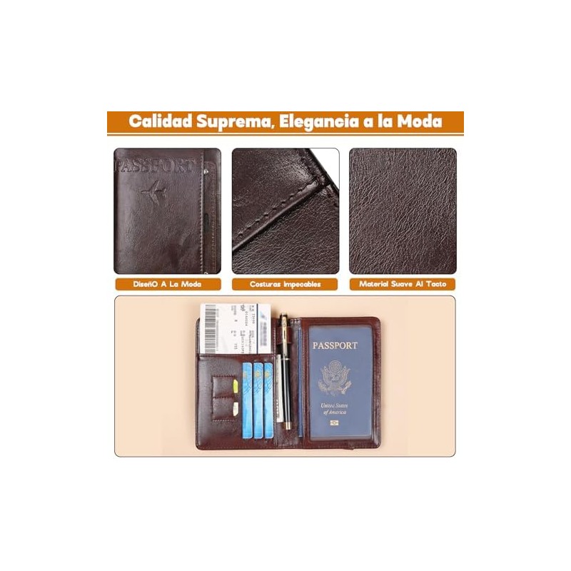 Porta Pasaporte Viaje,Cartera para Pasaporte RFID(Marrón cafe)