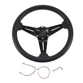 WOWYZL 13.8” Auto Racing Steering Wheel Flat Drifting 6 Bolts Car Sport Steering Wheel Pu Leather and Aluminum Spokes with Horn Button (Black)