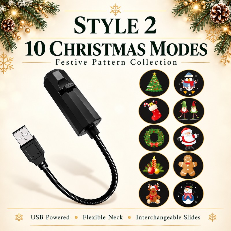 Indoor Christmas Projector Light, USB, 10 Festive Patterns for Walls