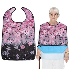 VEGCOO Adult Bibs for Elderly Women Men, Waterproof Dinning Bibs Reusable Adult Bib with Crumb Catcher, Washable Bib Mealtime Clothing Protectors for Elderly, Adult and Disabled(Cherry Blossom Style)