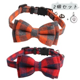 Cat Collar, Cat Collar, Puppy, Stray Tag, Ribbon Included, Bell Included, Bowknot Included, Adjustable, Cute, Lightweight, Pet Collar, Safety Buckle, Cloth, Checkered Pattern, Set of 2 (Orange + Red)