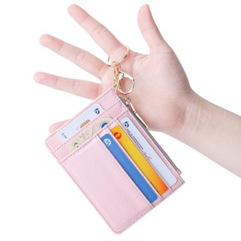 Teskyer Slim Wallet for Women, RFID Blocking Credit Card Holder Wallet with Zipper Pocket and Easy to Attach Keychain - Lichee Light Pink