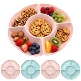 TULEBOLIAN 4 X 5 Sectional Round Plastic Appetizer Snack Serving Platter, Compartment Trays, Reusable Party Appetizer Platter with Dividers for Movie Night, 9.65in (Pink+Green)