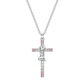 VEEHOO Cross Necklace Baptism Gifts,Shiny Colorful Religious Christening Cross Necklace First Communion Gifts