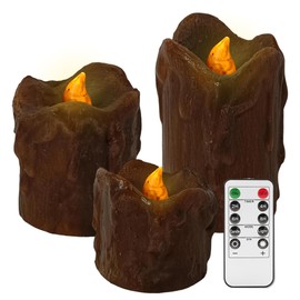 NjaoHoo LED Flameless Candles Battery Operated Real Wax Flickering Pillar Candle Set with Remote Control and Timer Rustic Primitive Lights Decor Vintage Candles, 2.3" 3" 4" Pack of 3(Brown)