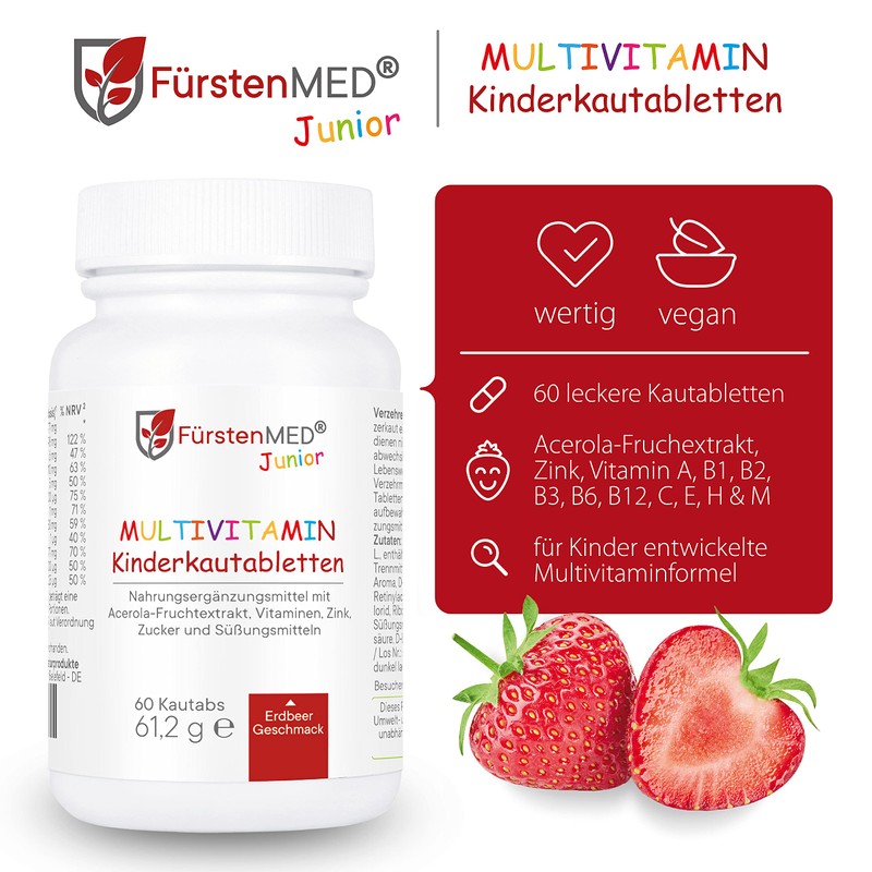 Fürstenmed Multivitamin Chewable Tablets Strawberry – Children Vitamins – No Additives – Natural – Vegan – Made in Germany, ,