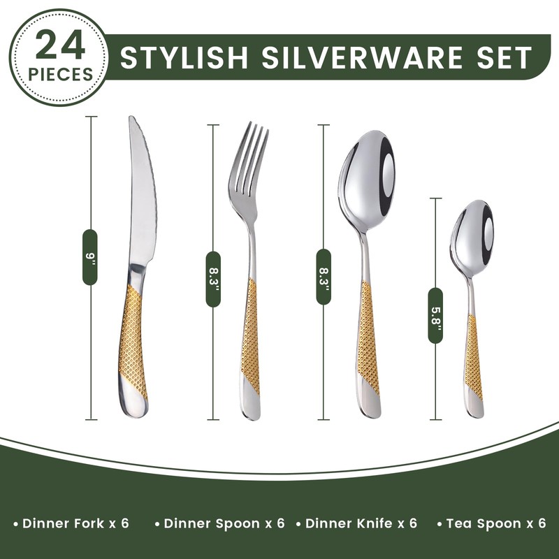 24-Piece Silverware Set with Organizer, Stainless Steel Flatware for 6,