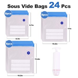 Cloudslucky BPA Free Sous Vide Bags 24Pcs 3Size Vaccum Sealer Reuseable Bags,Zipper Food Grade Bags with Hand Pump,Food Storage for Meat Vegetable Fruit