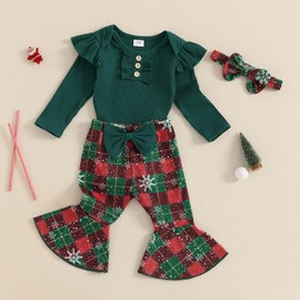 TheFound Christmas Baby Girl Clothes Newborn Ruffle Long Sleeve Romper Xmas Print Bell Bottom Toddler Baby Fall Winter Outfit (Green, 0-3 Months)