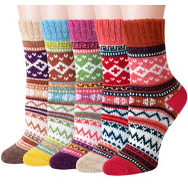 Loritta 5 Pairs Womens Vintage Style Winter Warm Thick Knit Wool Cozy Crew Socks,Free size,Multicolor
