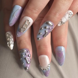 Handmade Nails Press On Medium Almond Reusable Unique Fake Nails, Artistic Design, Thick Acrylic and Muti-Layer Gel False Nails Stick On Size M