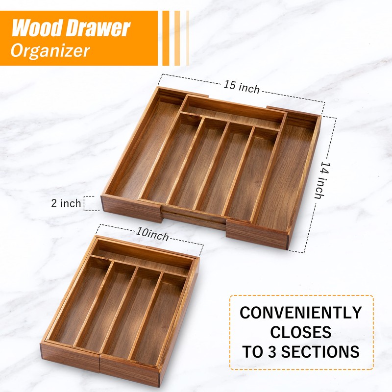 Bellsal Acacia Silverware Organizer Kitchen Drawer Organizer Expandable Bamboo Utensil