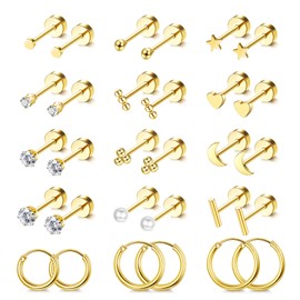 Kakonia Small Hypoallergenic Flat Back Stud Earrings for Women Men 14K Gold Plated Surgical Stainless Steel Earring Sets Tiny Screw Back Cartilage Earring