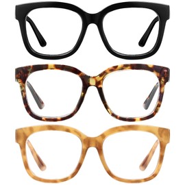 JM 3 Pack Fashion Reading Glasses for Women Blue Light Blocking Oversized Square Readers with Spring Hinge +1.25