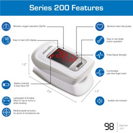 Microlife Series 200 Fingertip Pulse Oximeter, Blood Oxygen Saturation (SpO2) and Heart Rate Monitor, Includes Batteries, Lanyard and Case