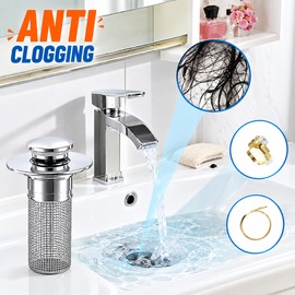 1 unidad de tapón de desagüe para lavabo, de acero inoxidable, con núcleo antiolores y sistema de rebote, tipo pulsador, accesorio universal para lavabo