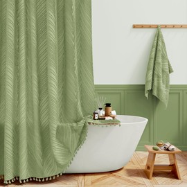 BTTN Extra Long Shower Curtain - 72x96 Boho Tufted Leaves Textured Striped Tassel Shower Curtain Set with 12 Hook, Modern Farmhouse Minimalist Vintage Aesthetic Shower Curtain for bathroom, Sage Green